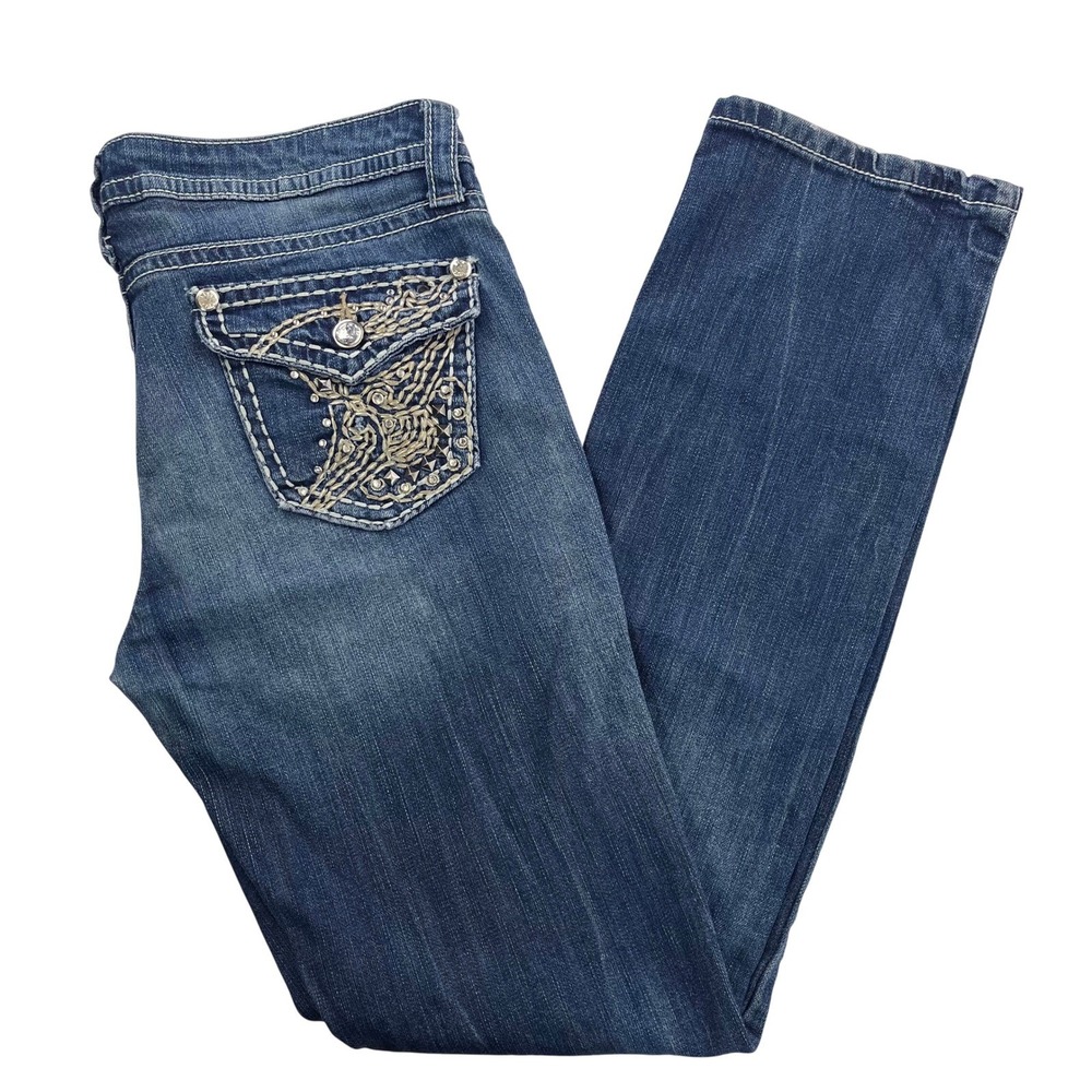 A.n.a Womens Crystal Gem Button Stitched Embroidered Straight Leg Blue Jeans 628